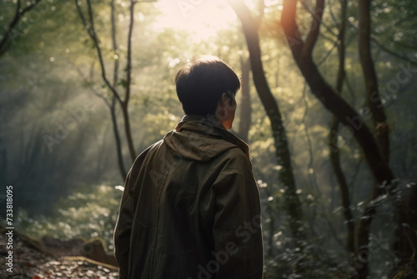 Obraz 男性, 森, 佇む男性, 男性の後ろ姿, 森の中に佇む男性の後ろ姿, male, forest, standing male, male back view, male back view standing in forest