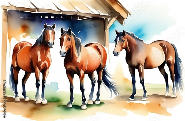 Obraz horses graze next to the stable and shelter. watercolor style
