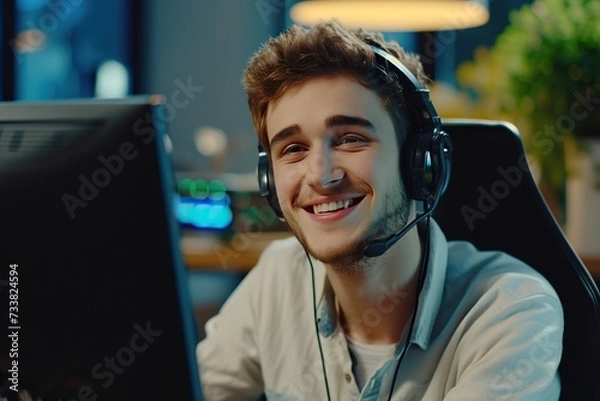 Fototapeta Caucasian young man customer support call center operator or receptionist sitting at the workplace in a modern office consulting a client, uses a headset, smiles friendly