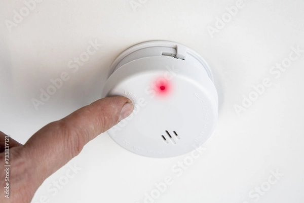 Fototapeta Finger testing smoke detector mounted on ceiling