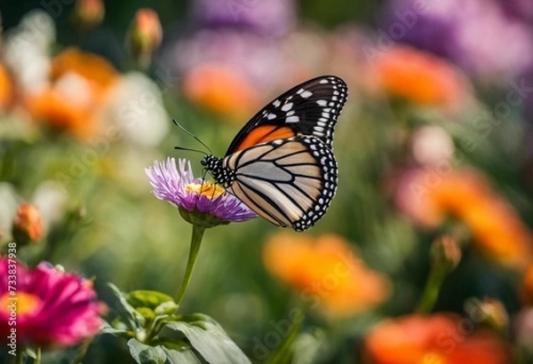 Fototapeta AI generated illustration of a butterfly perched on a vibrant flower in a field