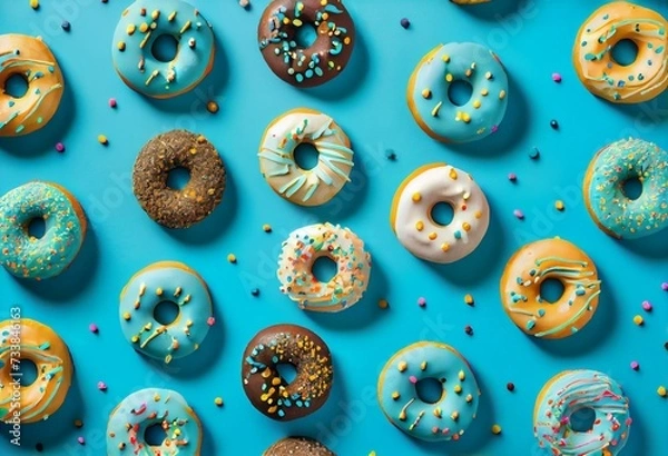 Fototapeta Colorful donut pattern of freshly baked glazed ring doughnuts on a vivid blue background. From top view. Minimal food concept. Generative AI