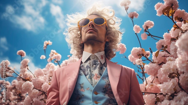Fototapeta Fashion extravagant modern man with attitude pink outfit with flowers spring summer season model