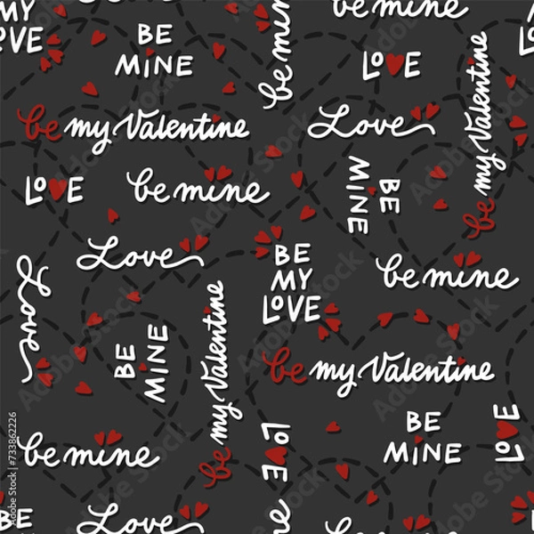 Fototapeta hand drawn calligraphic love quotes with messy heart shapes romantic lovely vector seamless pattern isolated on dark background