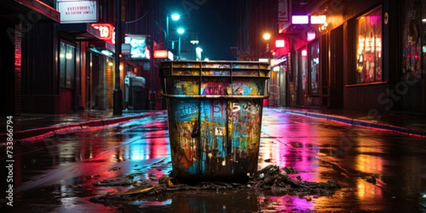 Fototapeta A photograph of a neon garbage container, brightly sparkling in night darkness, gives an urban env