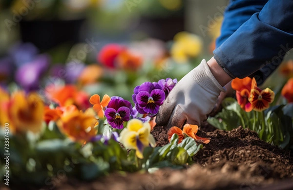 Obraz gloved hands planting flowers