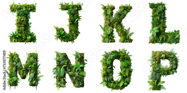 Fototapeta Letters I, J, K, L, M, N, O, P are made of the vibrant green ecosystem of moss, ferns, and monstera plants.