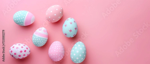 Fototapeta Easter eggs arranged on various surfaces,surrounded by colorful decorations and flowers, evoking the joy and tradition of the spring holiday season
