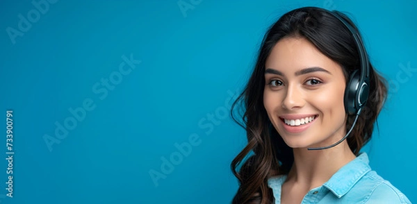 Fototapeta Contented customer service rep in casual attire, blue backdrop. Copy space, banner