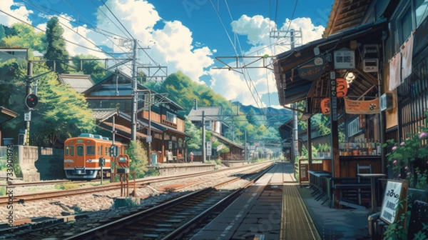 Fototapeta a beautiful japanese village city town in the morning. railway station with shop. anime comics artstyle. cozy lofi asian architecture