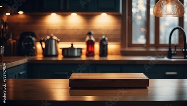 Fototapeta The image showcases a welcoming kitchen space, highlighting wooden countertops and warm lighting that creates an inviting ambiance.