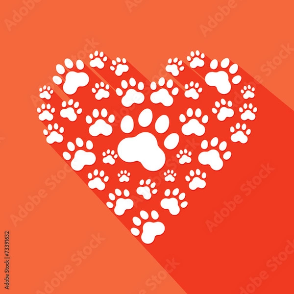 Obraz Flat heart with pet paws silhouette . Vector
