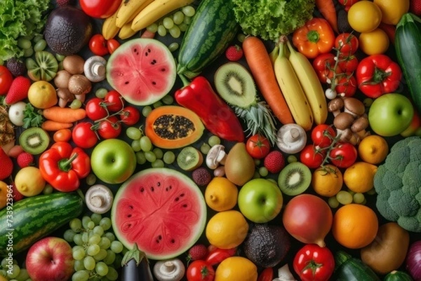 Fototapeta Top view of various kinds of multicolored fruits and vegetables background. 
