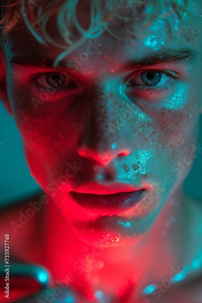 Fototapeta Young boy with vibrant red and blue lighting illuminating his face, AI-generated.