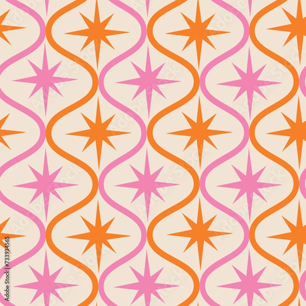 Fototapeta Mid century modern pink and orange atomic starbursts on retro ogee shapes seamless pattern on white background . For wallpaper, home décor, wrapping paper and fabric