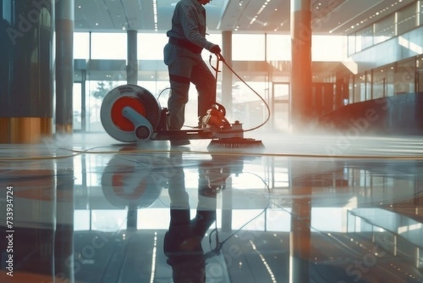 Fototapeta Worker polishing hard floor with high speed polishing machine