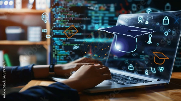 Fototapeta E-learning concept to graduation and earning a certificate program. Student hand touch virtual screen of online education via computer, having knowledge in college able to work like a professional 