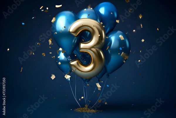 Obraz 3rd birthday balloon with number 3 gold and blue balloons. 3D Render