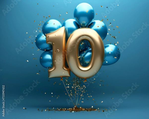 Obraz Number 10 gold foil balloon with sequins. Blue background. 3D Render