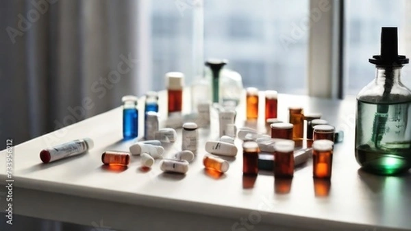 Fototapeta Medical vials and a syringe arranged on a white methacrylate table