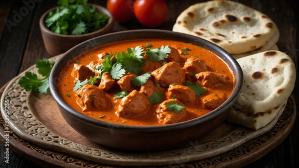 Fototapeta A steaming plate of butter chicken, adorned with fresh cilantro leaves, served alongside warm, fluffy naan bread with the vibrant colors and enticing aroma of this classic Indian dish