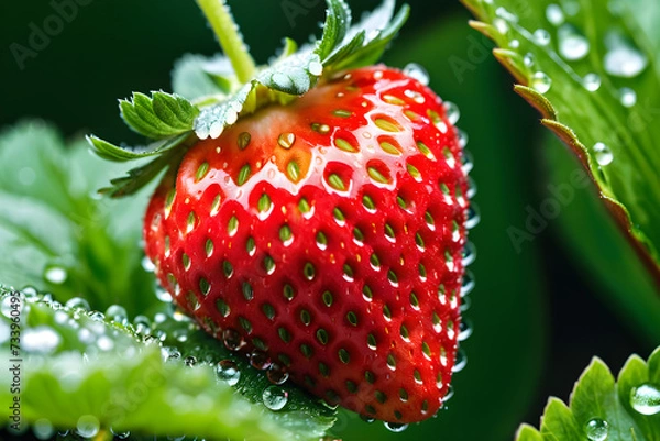 Fototapeta Close-up of a juicy strawberry, seeds glistening with dew, nestled among vibrant green leaves, overexposed background highlighting its vibrant red hue. Generative AI