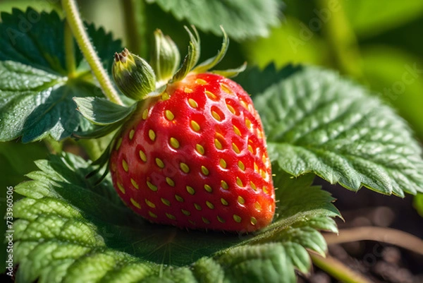 Fototapeta Close-up of a juicy strawberry, seeds glistening with dew, nestled among vibrant green leaves, overexposed background highlighting its vibrant red hue. Generative AI