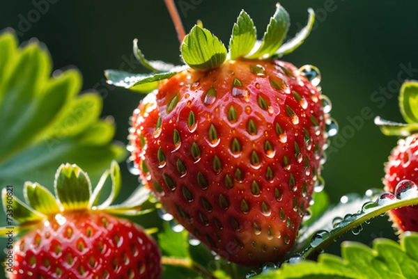 Fototapeta Close-up of a juicy strawberry, seeds glistening with dew, nestled among vibrant green leaves, overexposed background highlighting its vibrant red hue. Generative AI