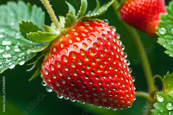 Fototapeta Close-up of a juicy strawberry, seeds glistening with dew, nestled among vibrant green leaves, overexposed background highlighting its vibrant red hue. Generative AI