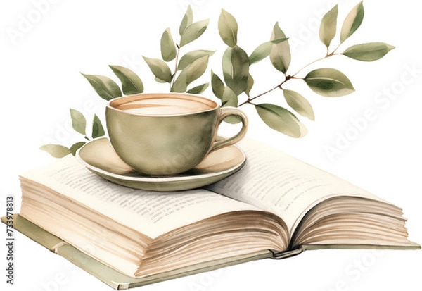 Obraz Green cup of coffee on an open book. Watercolor green branch. Generative AI.