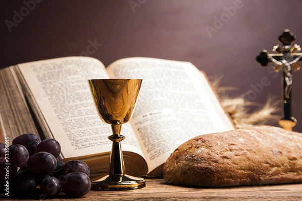 Obraz Sacred objects, bible, bread and wine.