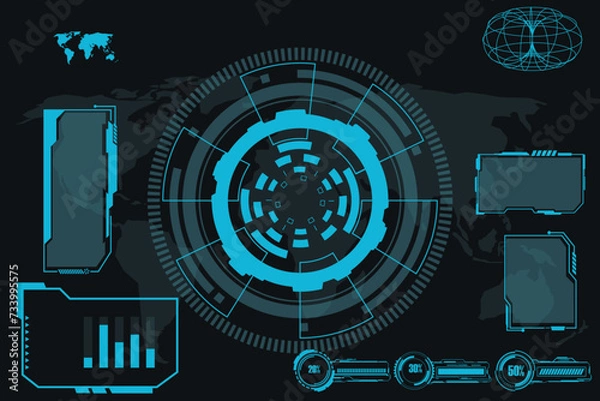 Obraz digital interface HUD elements set pack. User Interface, frame screens. Callouts titles, FUI circle set, Loading bars. Dashboard reality technology screen. Vector	
