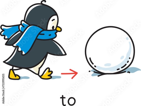 Fototapeta Preposition of movement. Penguin goes to the snow