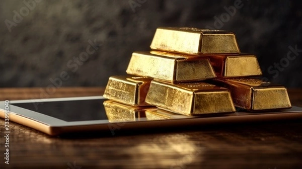Fototapeta Digital Gold Investment Tablet with Options Next to Stack of Gold Bars.