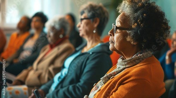 Fototapeta A diverse group of residents at a neighborhood meeting, with an interpreter signing for hearing-impaired members, the rest of the room softly blurred, care jobs, with copy space