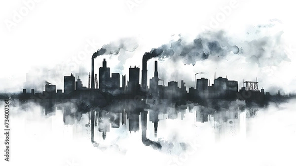 Fototapeta Pollution concept. Black cityscape minimalist with smoke clouds isolated on white background