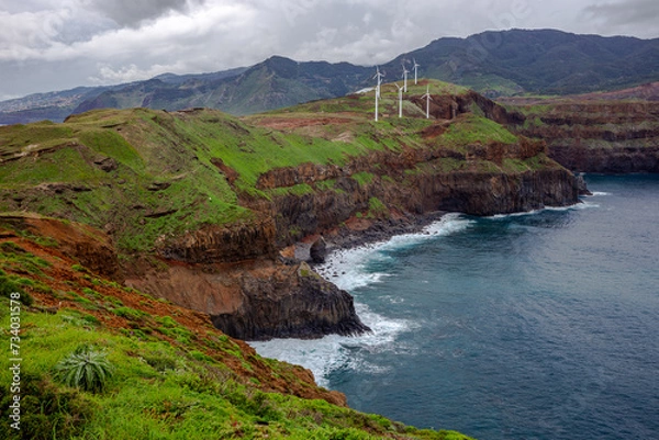 Fototapeta Rocky coast with wind farm from viewpoint - Ponta do Rosto - Madeira, Portugal
