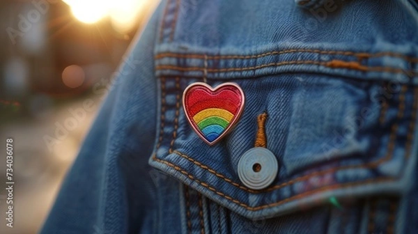 Fototapeta Gay and LGBT+ pride flag pin with rainbow on a jean jacket pocket