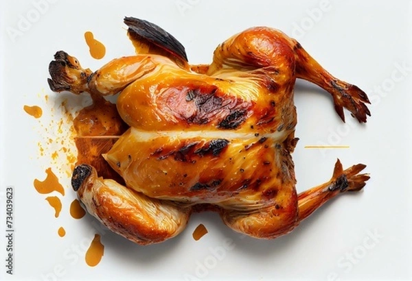 Obraz Close up and top view of roasted chicken on white background. Generative AI
