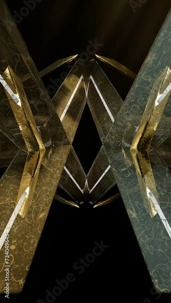 Fototapeta Vertical 3d abstract geometry of gold and bronze on black.