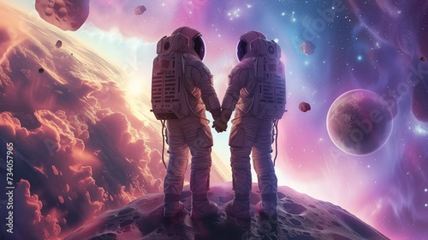 Obraz Interstellar Love: Astronaut Couple Holding Hands Amidst Cosmic Clouds
