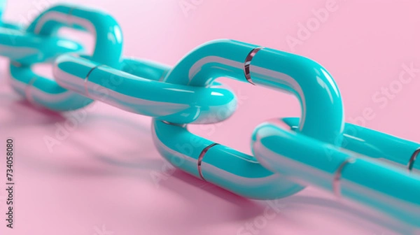 Fototapeta Turquoise Chain Links on a Soft Pink Background Illustrating Connection