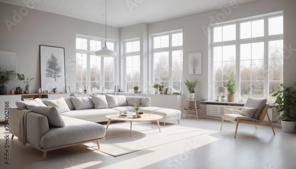 Fototapeta A modern living room with upholstered sofas and stunning views from the panoramic windows. Soft lighting.