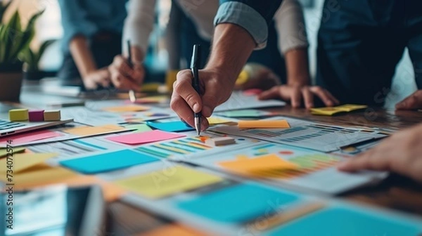 Obraz Focused shot of a project planning session with a team using colorful sticky notes and charts on a worktable.