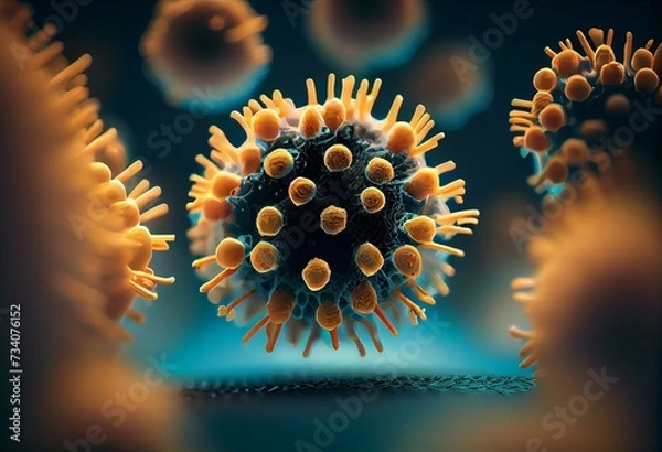 Fototapeta Microscopic View of Monkeypox Virus. Viral Disease concept with Copy-Space. Generative AI