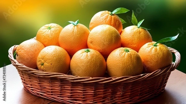 Fototapeta Close-up of a basket full of ripe oranges with green leaves