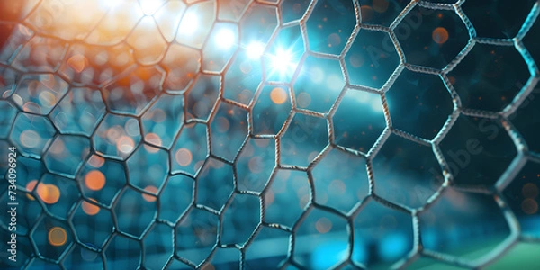 Fototapeta Fußballtor-Fokus: Verschwommener Hintergrund mit Bokeh-Effekt und Netz im Vordergrund