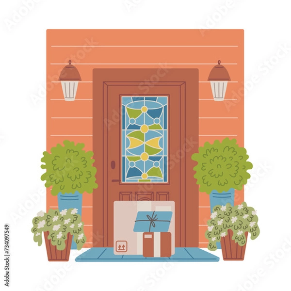 Fototapeta Front door of a house with parcels and mail on threshold, flat vector isolated.