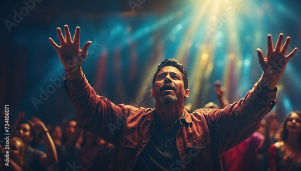 Obraz Man raising hands in worship in front of people in the church. AI generated