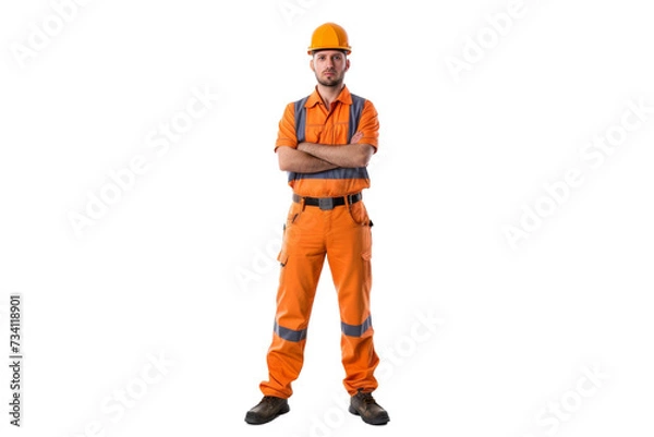 Fototapeta Smart young engineer building or constructor worker with safety uniform, vest and safety hat isolated on transparent background, planning project.